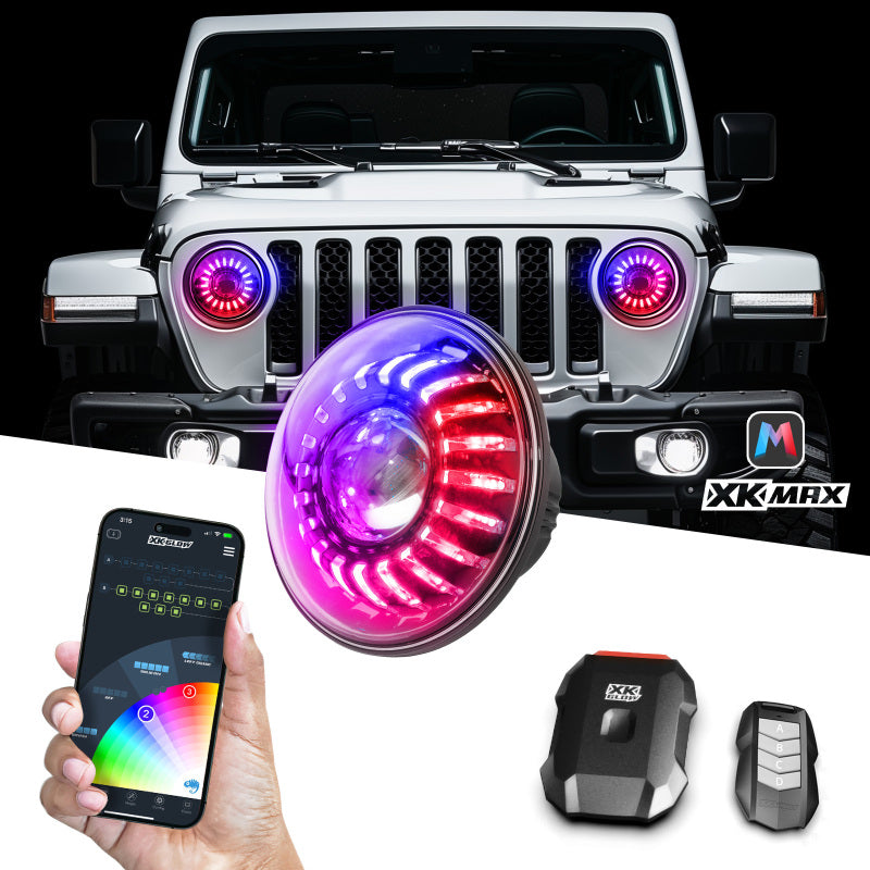 XKGLOW XK Glow 07-18 Jeep Wrangler JK 7in Headlight XKmax RGBW LED 2pc XKchrome Bluetooth App Cntl Kit
