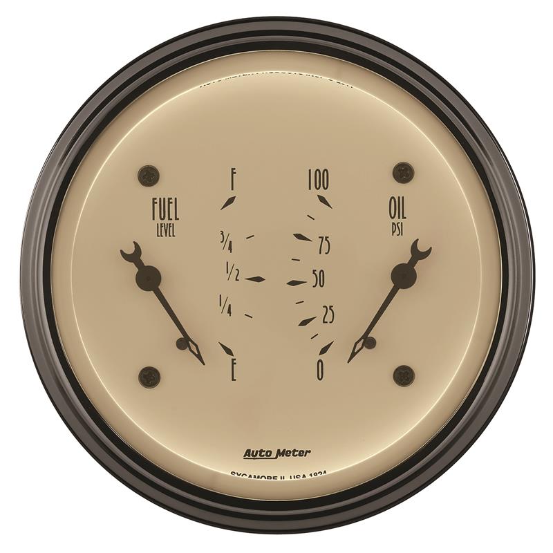 AutoMeter Gauge Dual Fuel & Oilp 3-3/8in. 0 Ohm(e) to 90 Ohm(f)& 100PSI Elec Antique Beige