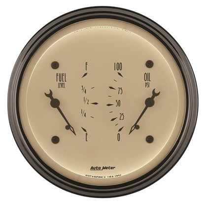 AutoMeter Gauge Dual Fuel & Oilp 3-3/8in. 0 Ohm(e) to 90 Ohm(f)& 100PSI Elec Antique Beige