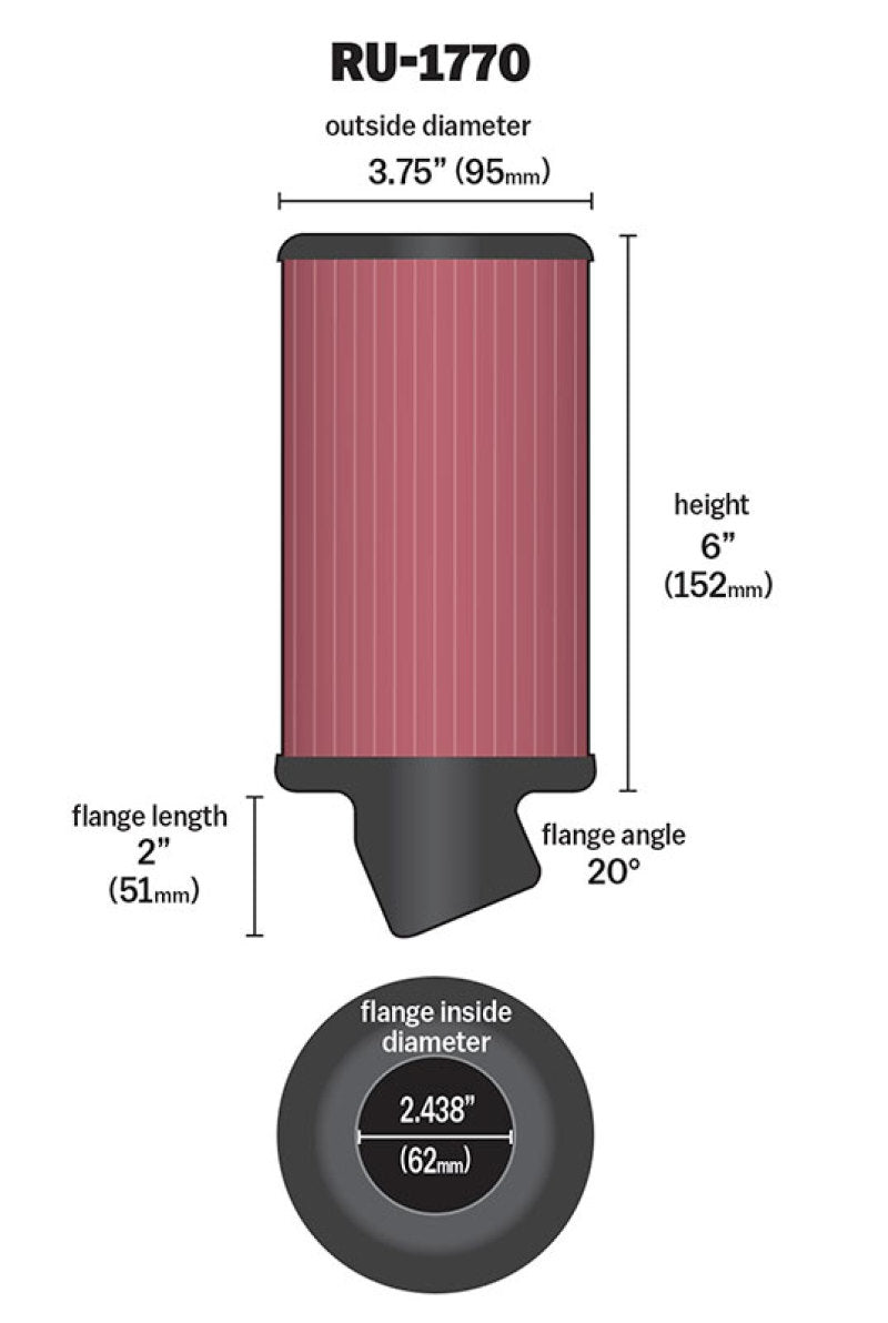 K&N Engineering K&N Filter Universal Rubber Filter 2 7/16 inch 20 Degree Flange 3 3/4 inch OD 6 inch Height