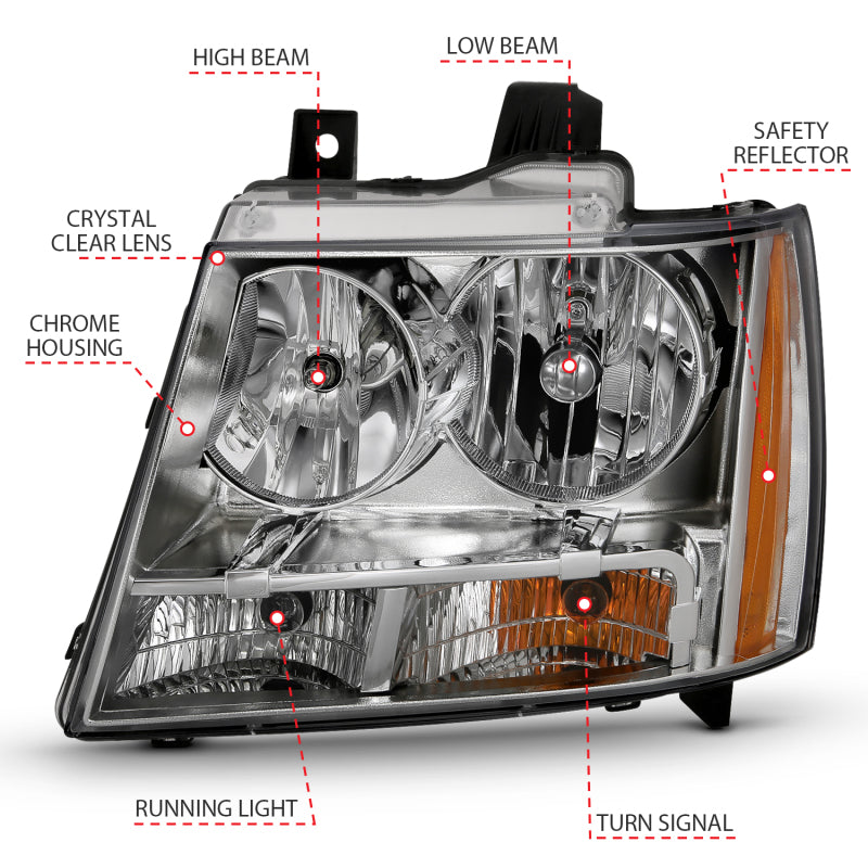 ANZO 2007-2014 Chevy Tahoe Crystal Headlight Chrome Amber(OE)