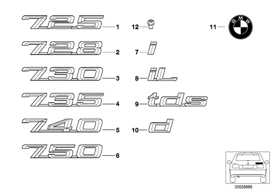 Genuine BMW 51148136271 E38 Emblem Adhered Rear "735" (Inc. 735i & 735iL) | ML Performance US Car Parts