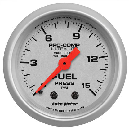 Autometer Ultra-Lite 2-1/16in 0-15 PSI Mechanical Fuel-Pressure Gauge w/ Isolator