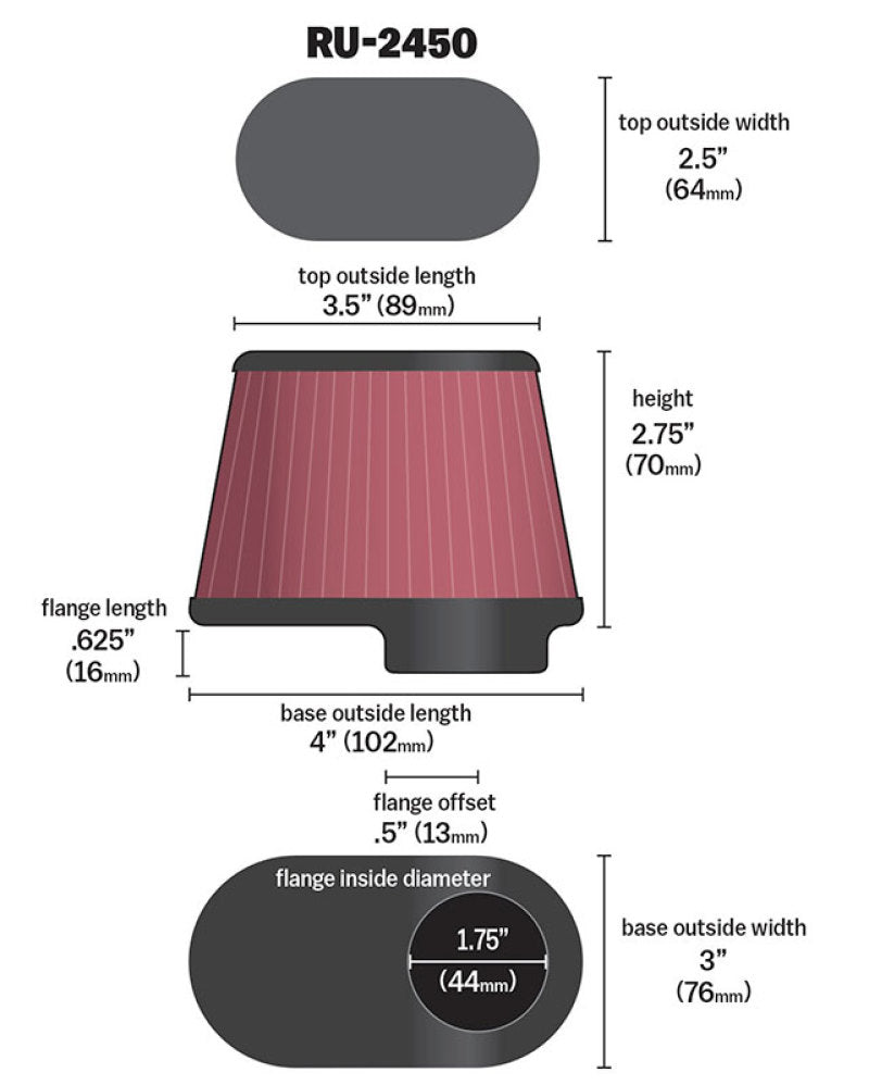 K&N Engineering K&N Univ Clamp-On Air Filter - 1-3/4in FLG O/S 4in X 3in B 3in X 2in T 2-3/4inH OVAL