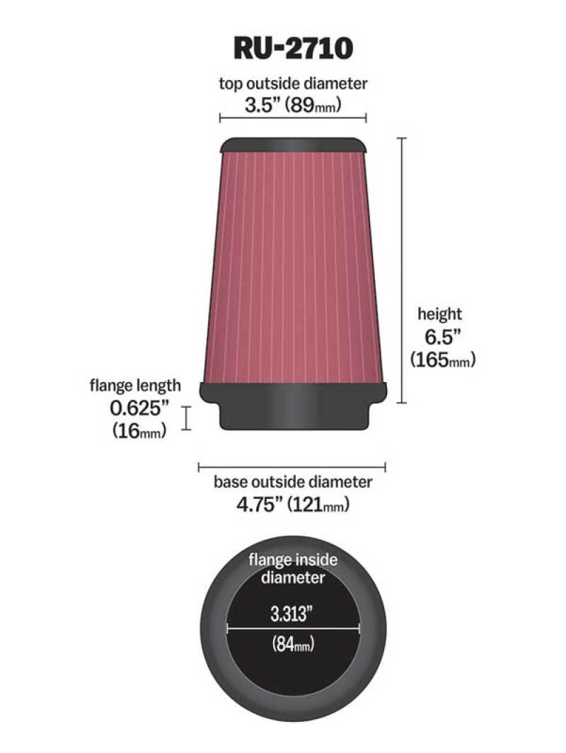 K&N Engineering K&N Universal Rubber Filter Round Tprd 3.313in Flange ID x 4.75in Base OD x 3.5in Top OD x 6.5in H