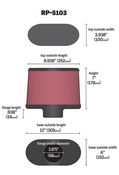 K&N Engineering K&N Universal Filter with Carbon Fiber Top & Base-12in Base O/S Length x 6in Base O/S Width x 7in H
