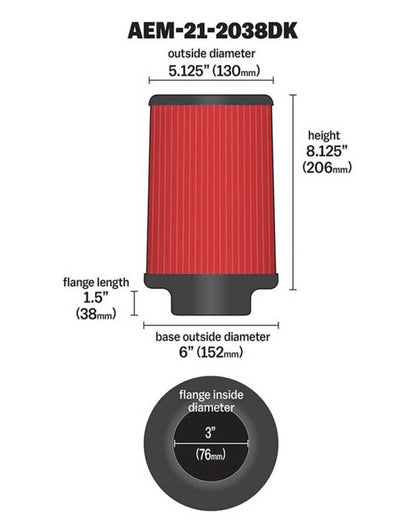 AEM Induction AEM 3 in Short Neck 8 in Element Filter