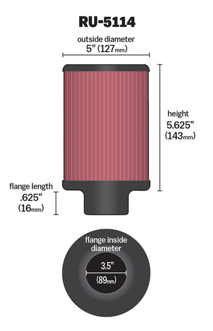 K&N Engineering K&N Filter Universal Rubber Filter 3.5in Flange ID x 5in OD x 5.625in H