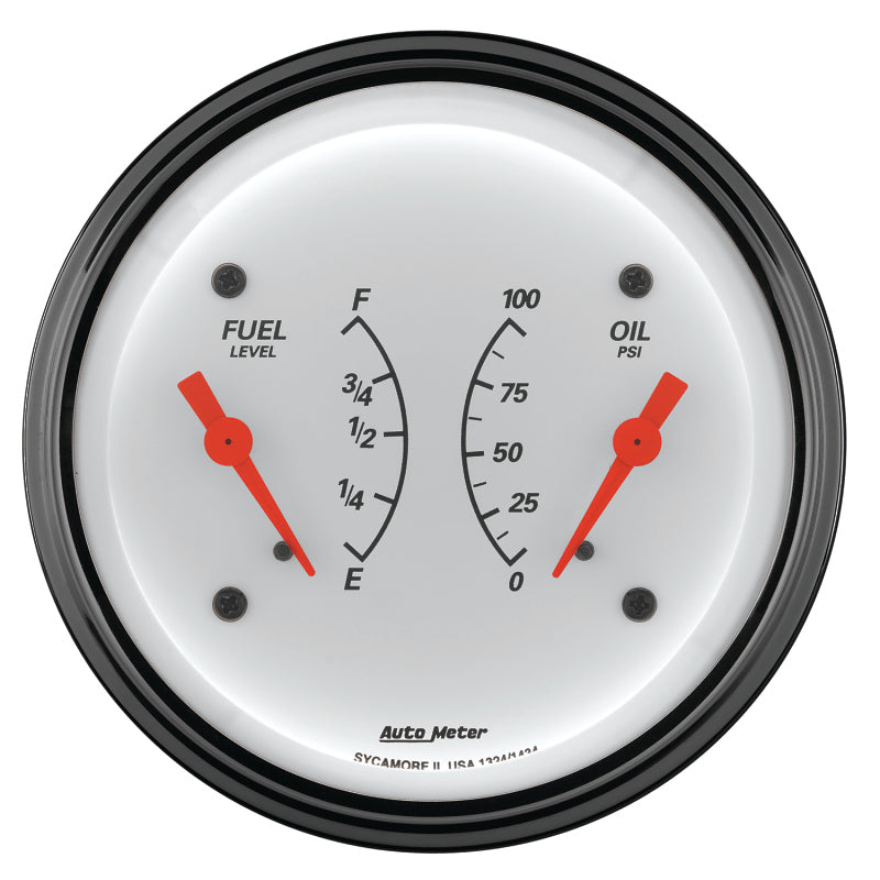 AutoMeter Gauge Dual Fuel & Oilp 3-3/8in. 0 Ohm(e) to 90 Ohm(f)& 100PSI Elec Arctic White