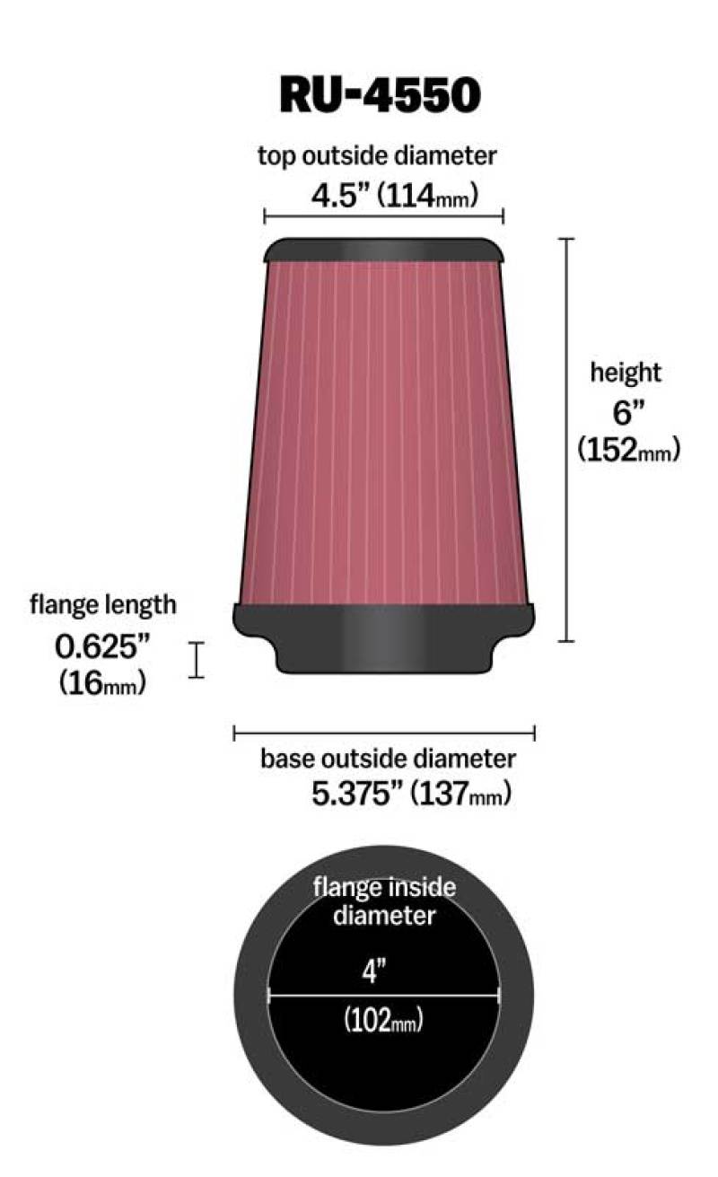 K&N Engineering K&N Universal Air Filter 4in Flange / 5-3/8in Base / 4-1/2in Top / 6in Height
