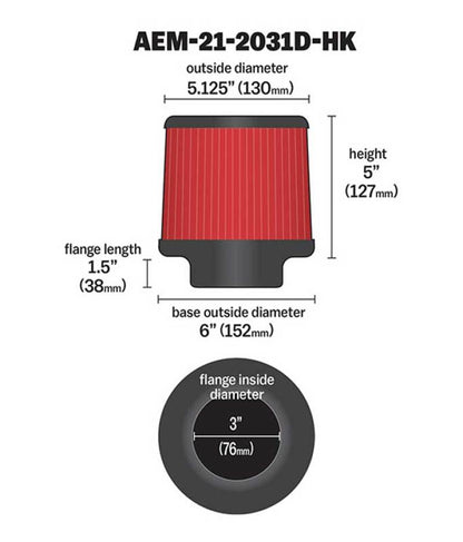 AEM Induction AEM Dryflow 3in. X 5in. Round Tapered Air Filter