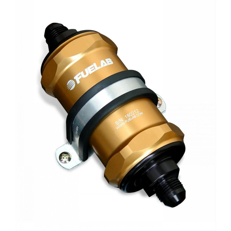 FUELAB 81803-5 IN-LINE FUEL FILTER (10AN IN/OUT, 3 INCH 10 MICRON PAPER ELEMENT) GOLD