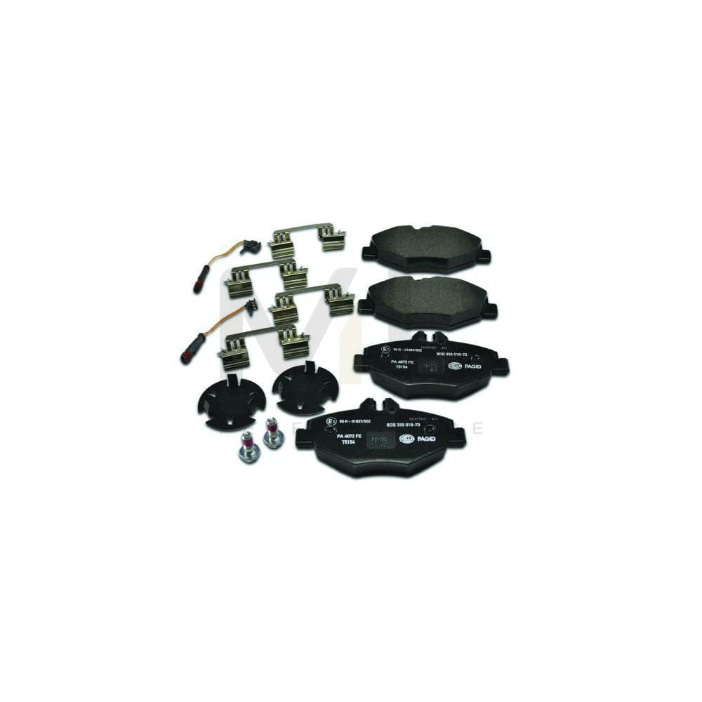 Hella 8DB 355 018-731 Brake Pad Set Suitable For Mercedes-Benz E-Class Incl. Wear Warning Contact, With Brake Caliper Screws, With Accessories