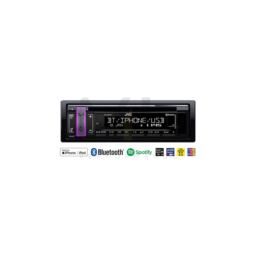 JVC KD-T801BT Car stereo Bluetooth, CD/USB/AUX, Spotify, 1 DIN, AOA 2.0, Made for iPhone/iPod, 12V, AAC, FLAC, MP3, WAV, WMA