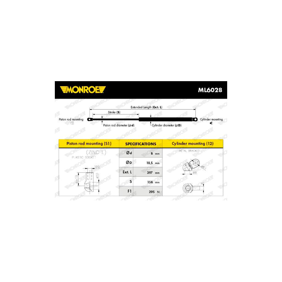 Monroe Ml6028 Tailgate Strut Suitable for Mercedes-Benz S-Class Saloon (W220)