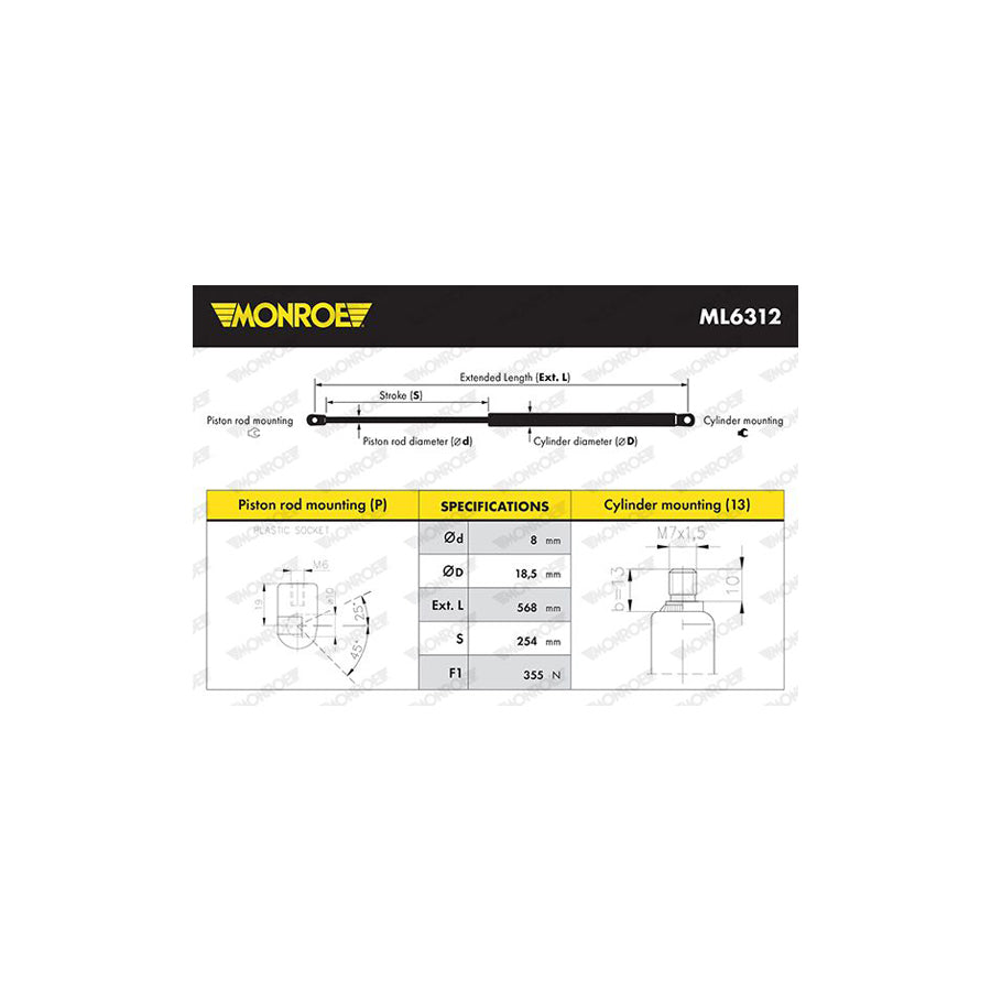 Monroe Ml6312 Bonnet Strut Suitable for Mercedes-Benz Gl (X164)