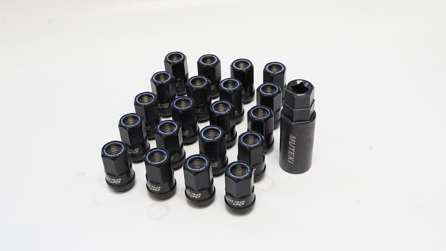 Muteki HR3806BU HR38 Open End Wheel Nuts - 12x1.50 / Black Chrome/Blue Ring