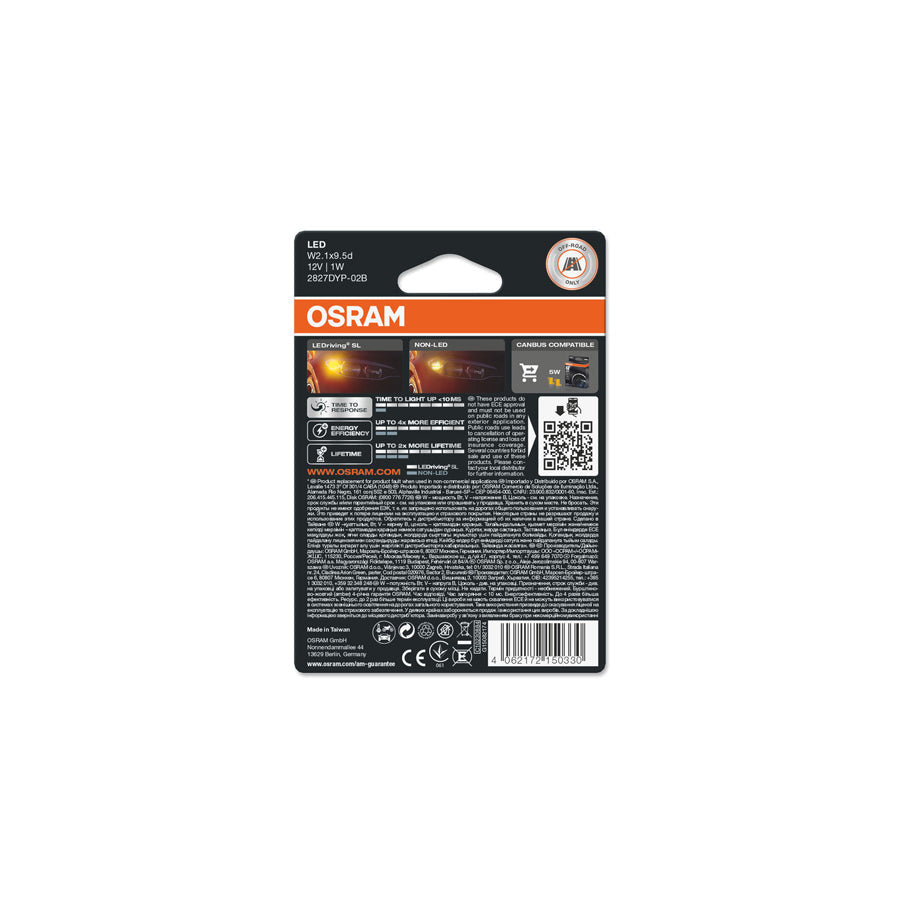 OSRAM  LED Amber W5W Indicator Bulbs Yellow 12v 1W (Wedge 501 5W) 2827DYP-02B