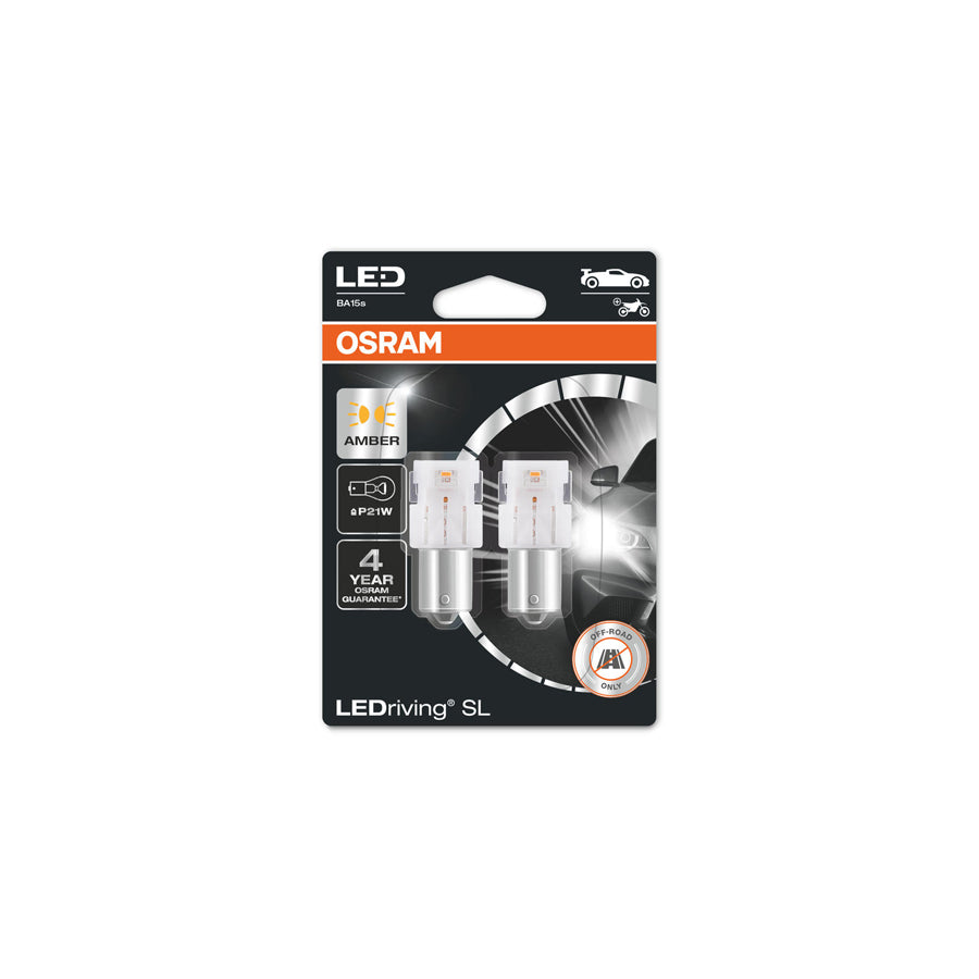 OSRAM  LED P21W Amber Yellow Indicator Bulbs 12v BA15s (382 21W) 7506DYP-02B
