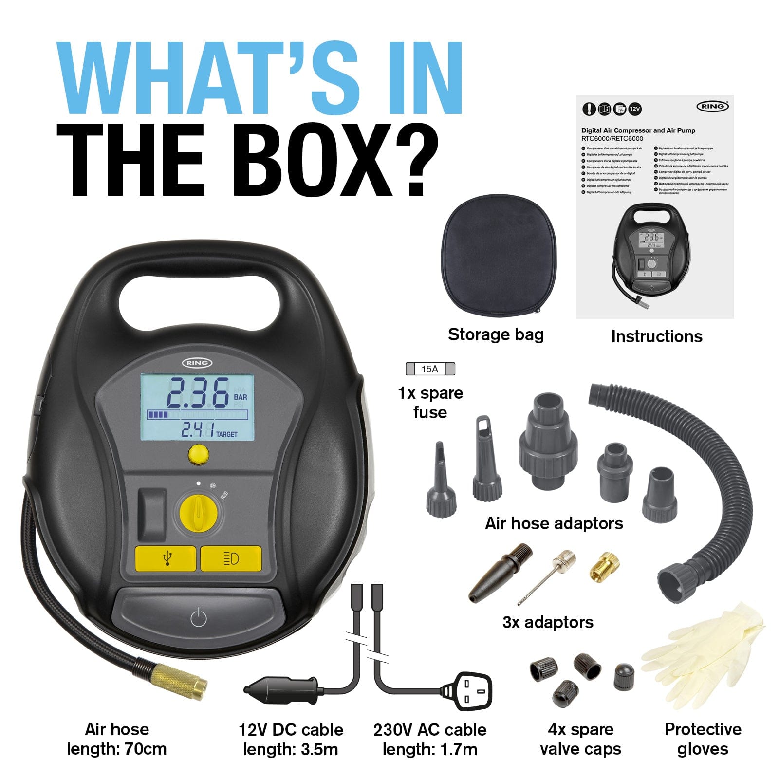 RING RTC6000 Cordless Digital Inflator and Air Pump (4 in 1 Rechargeable)