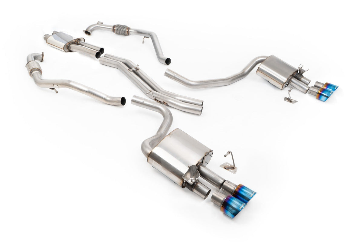 MillTek SSXAU1195 Audi S4/S5 B9 Sport Diff without Brace Bars - Resonated (Quieter) Cat-Back Exhaust System with Quad GT-100 Burnt Titanium Trims