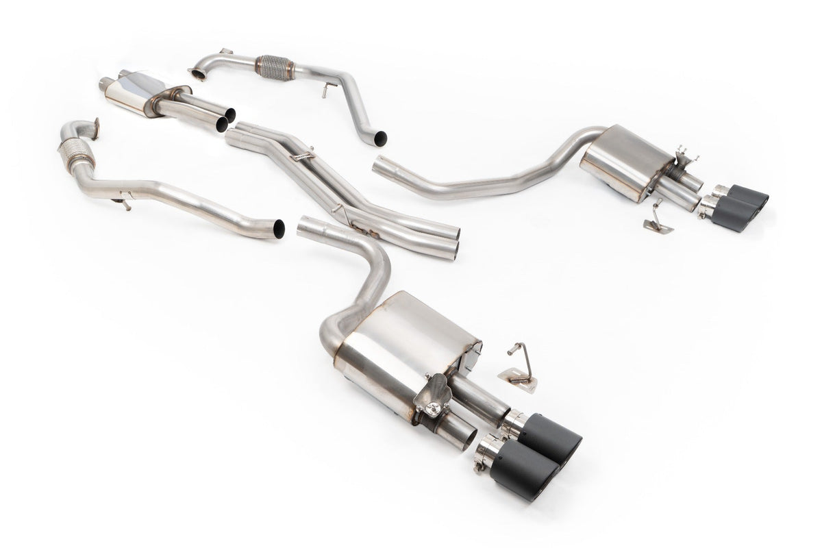 MillTek SSXAU1204 Audi S4/S5 B9 Sport Diff without Brace Bars - Resonated (Quieter) Cat-Back Exhaust System with Quad JET-100 Carbon Trims